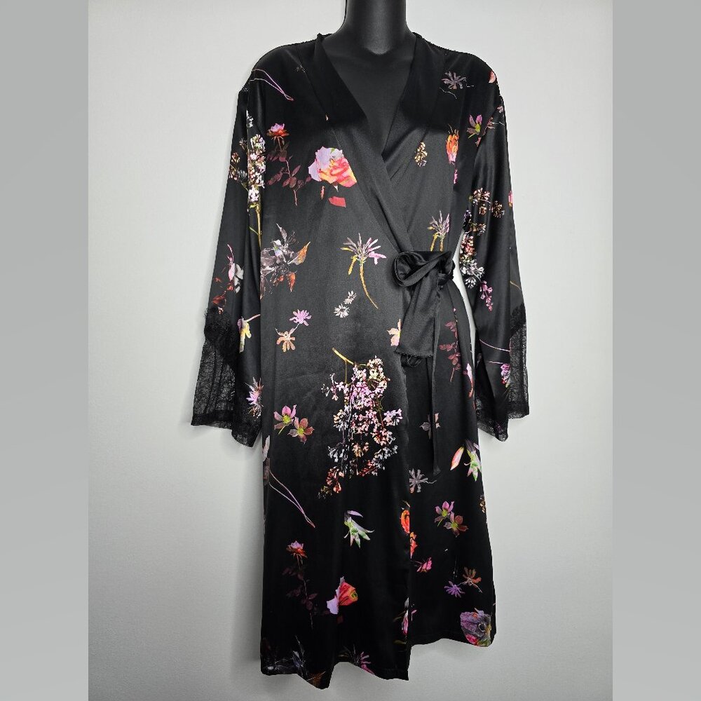 Victorias Secret Womens M/L Floral Satin Robe Kimono‎ Sheer Lace Back with Belt